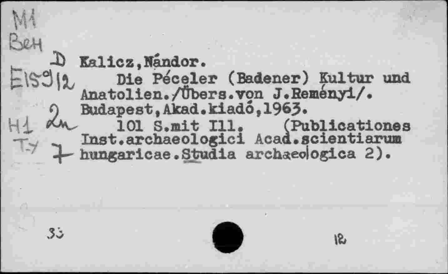 ﻿-ђ Kalicz.Nandor.
ËVaSlJL Die Peceler (Badener) Kultur und Anatolien./Überg.von J.Semenyi/.
9 Budapest,Akad.kiado,1963«
Hi	101 S.mit Ill. (Publicationes
-r-^ Inst.archaeologici Acad.scientiarwn
' -р hungaricae.Studia archaeologies 2).